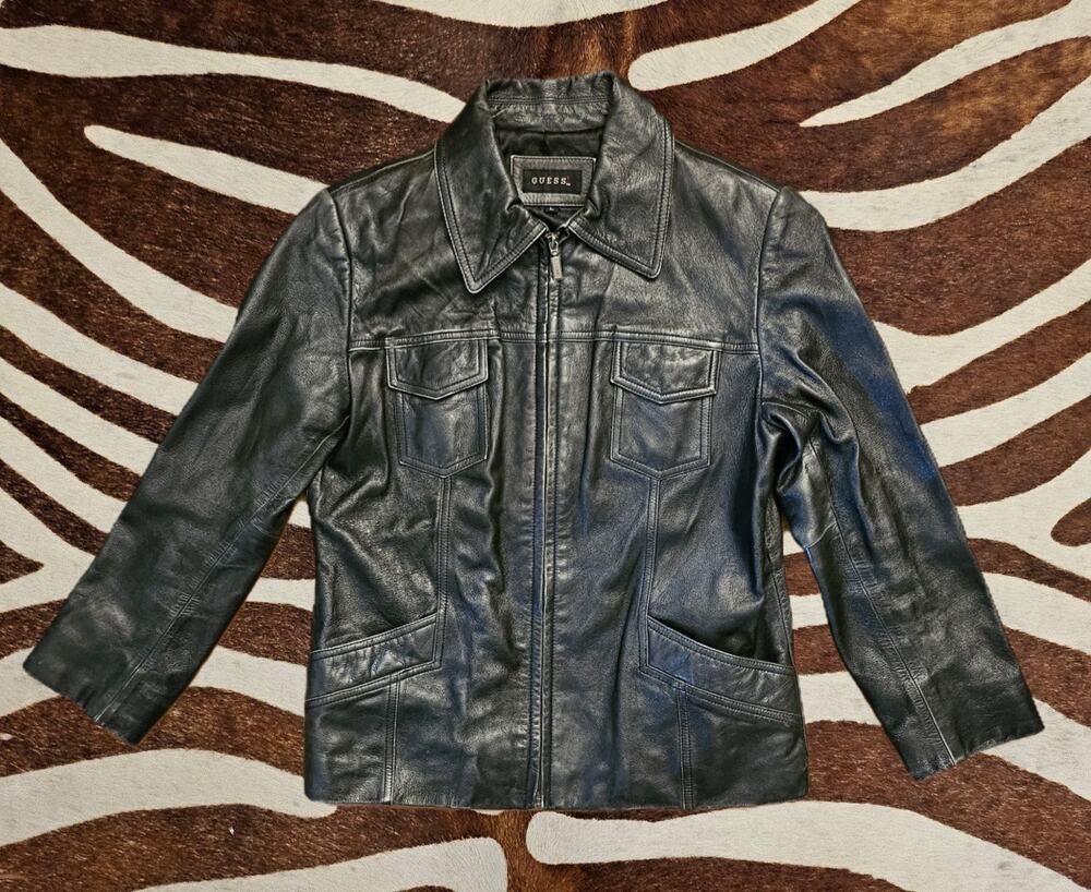 Vintage 90s "Guess Leather" Full Zip Womens Black Smooth Leather Jacket Sz L